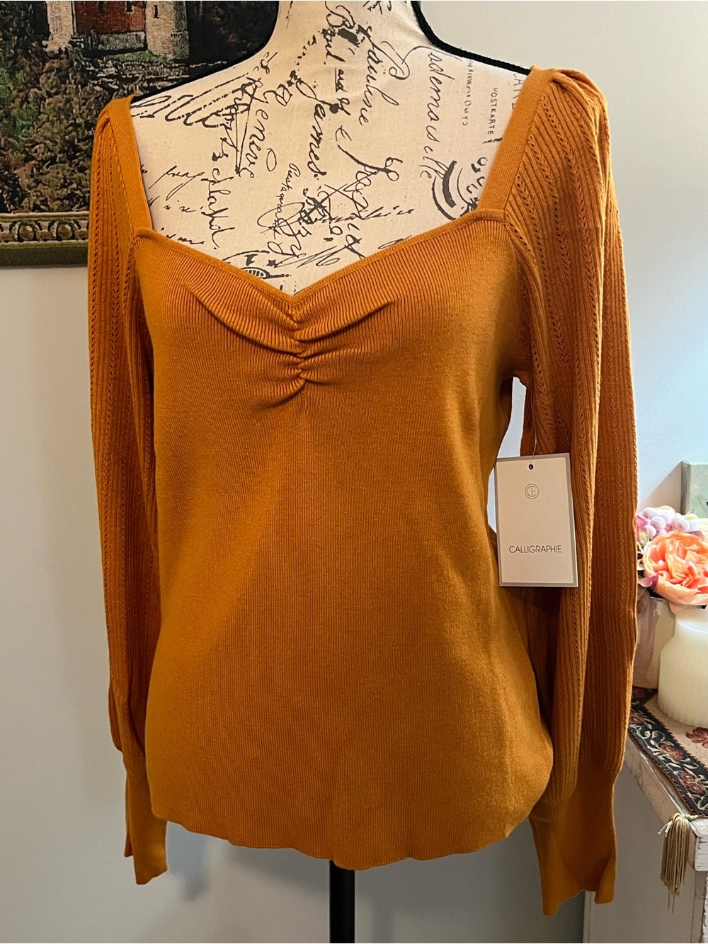 Calligraphie Rust Orange Square Neck Knit Top